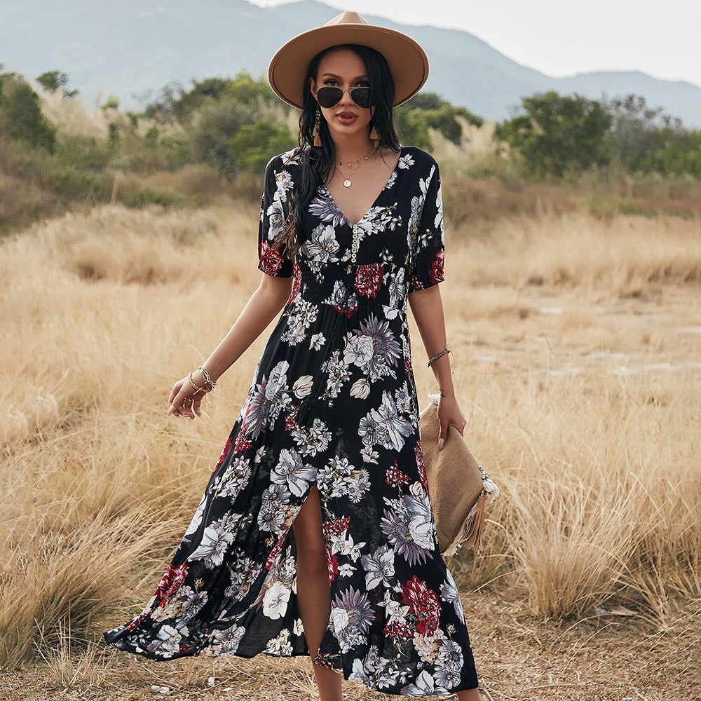 Robe Midi Fleurie à Col V – Élégance Décontractée pour Femme