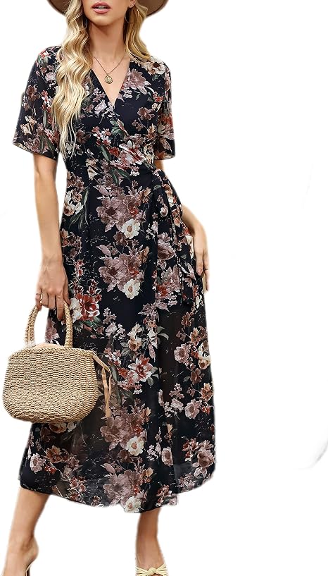 Robe Midi Fleurie à Col V – Élégance Décontractée pour Femme